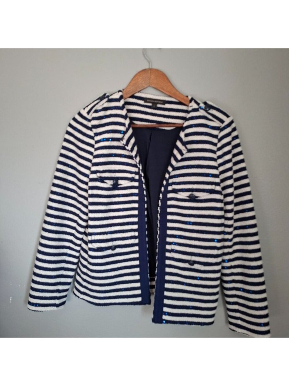 Navy and white striped sequin jacket with pockets